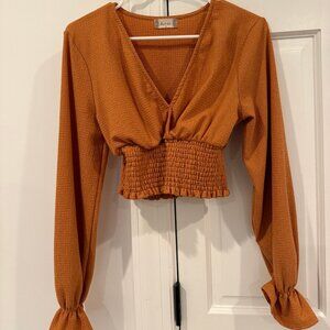 Altar'd State Burnt Orange V-Neck Long Sleeve Blouse